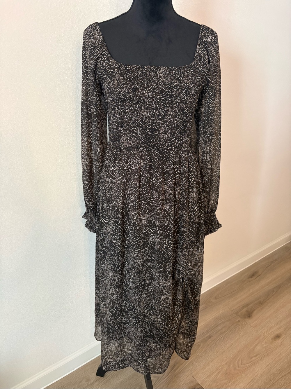 Mittoshop Black Speckle Square Neck Long Sleeve Midi Dress